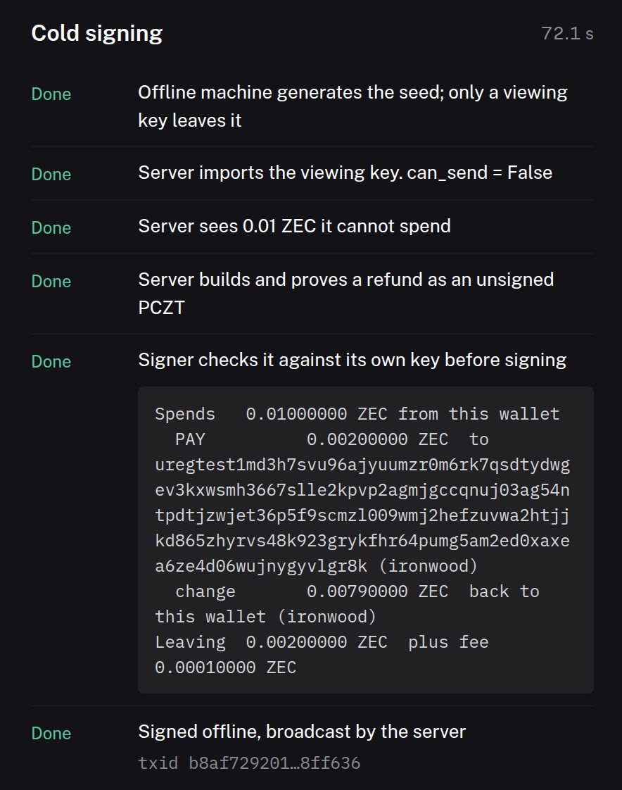 The offline signer's summary: spends 0.01 ZEC, pays 0.002 ZEC, 0.0079 ZEC change, fee 0.0001 ZEC